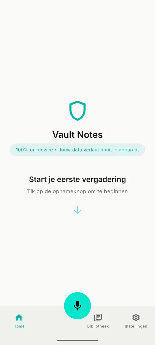 The Vault Notes home screen with the shield, the line "100% on-device" and a button to start your first meeting