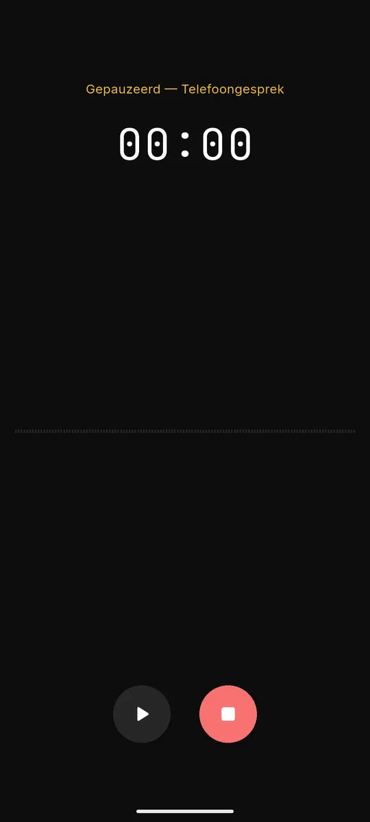 The Vault Notes recording screen: timer at 00:00, paused because of a phone call, with play and stop buttons